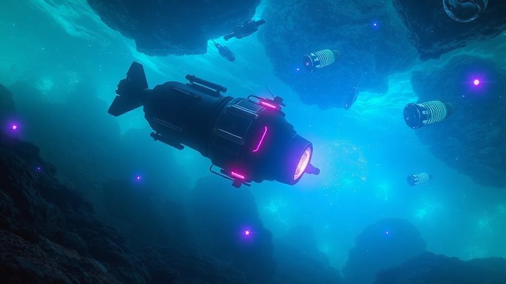 Client project key art: a submersible exploring a bioluminescent trench